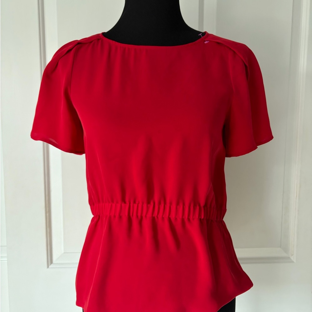 Theory Vibrant Red Short-Sleeve Silk Blouse Small